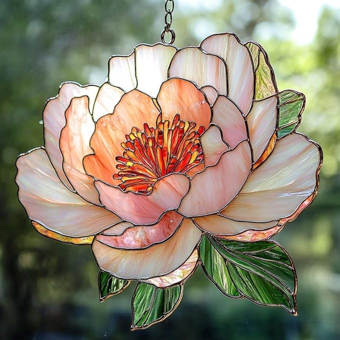 Peony November Birth Flower Acrylic Suncatcher Stained Glass Effect Window Car Hanging Christmas Ornament Indoor Outdoor Decor Garden Sun Catcher for Flower Lover for Women Mom Grandma