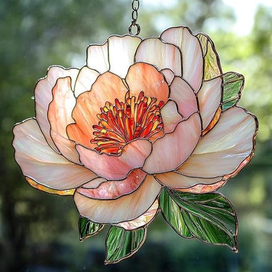 Peony November Birth Flower Acrylic Suncatcher Stained Glass Effect Window Car Hanging Christmas Ornament Indoor Outdoor Decor Garden Sun Catcher for Flower Lover for Women Mom Grandma