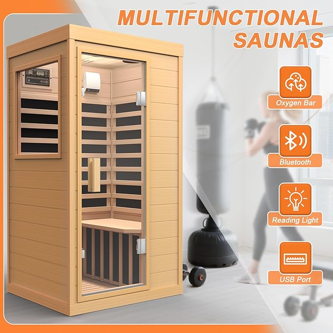Upgraded Backrest 1 Person Sauna Infrared Sauna with Red Light Therapy, Dry Sauna Indoor Wood Sauna for Home, Hemlock Low EMF Far Infrared Sauna with Integrated Speakers, Reading Lamp