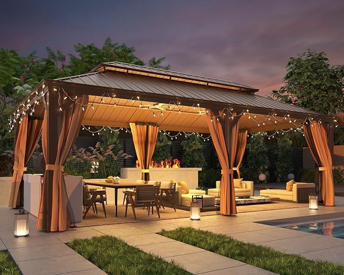 MELLCOM 12'x22' Hardtop Gazebo, Galvanized Steel Double Roof Canopy with Aluminum Frame, Permanent Metal Pavilion Gazebos with Netting and Curtains for Patio Backyard Deck and Lawns