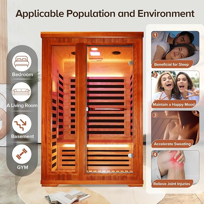 Far Infrared Home Sauna 2 Person Indoor Sauna Dry Wood Spa Room 1880W 110V with Red Light Control Panel, Bluetooth Speaker, Reading Lamp