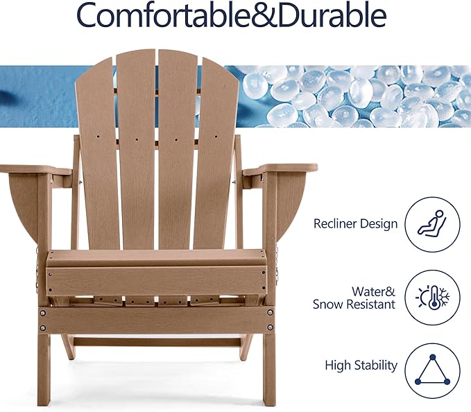 Folding Adirondack Chair, HDPE Outdoor Texture Lawn Chair with Reclining Back, Cup and Phone Holder - Comfortable Firepit Chair Weather Resistant for Patio or Backyard (Brown, Set of 2)
