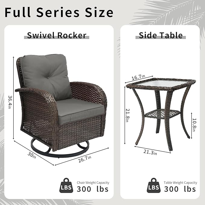 3 Pieces Patio Furniture Set, Outdoor Swivel Rocking Chair Set of 2 with Side Table - 360° Swivel, Thick Cushions, All-Weather Bistro Set for Deck, Porch, Pool (Grey, Brown Full-Weave Rattan)