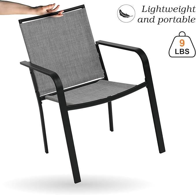5-Piece Outdoor Patio Dining Set, 40-Inch Round Glass Table with 4 Stackable Chairs, Grey