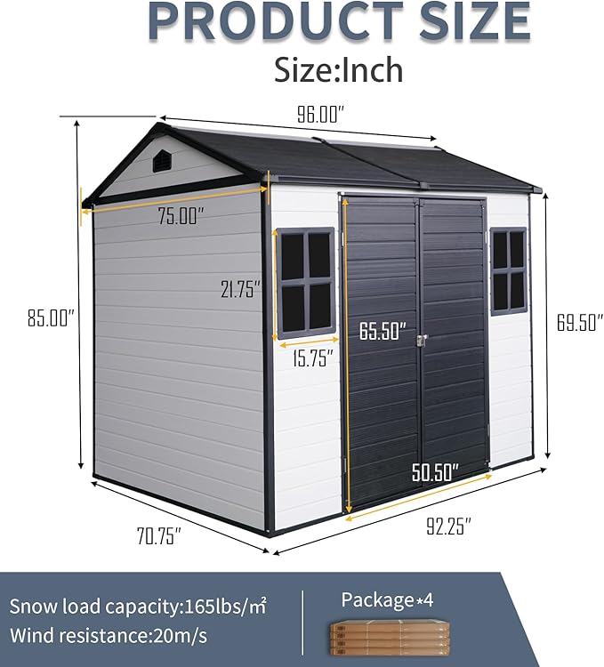 8x6 ft Resin Outdoor Storage Shed with Two-Window and Double-Door, Plastic Shed with Floor for Gargen, Patio, Yard, Lawn, Grey (1 Doors) (Grey White, 8x6 ft)