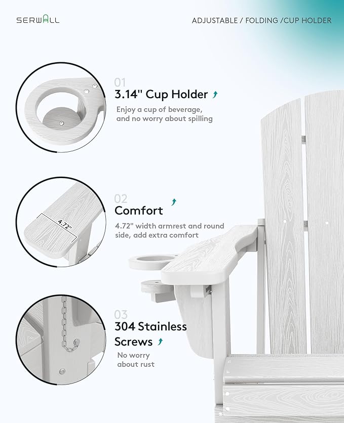 SERWALL Folding Adirondack Chair Set of 4, Reclining Adirondack Chair with 3 Recline Positions, All Weather HDPE Outdoor Adirondack, White