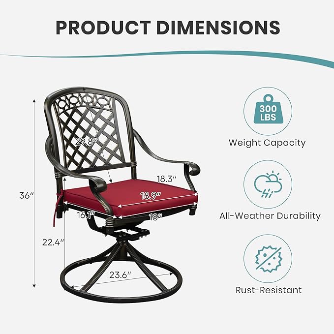 Set of 2 Cast Aluminum Patio Chairs with Cushions, All-Weather Aluminum Outdoor Swivel Chairs, Metal Outdoor Rocking Chairs for Backyard, Poolside and Bistro(Red, 2 Pieces)