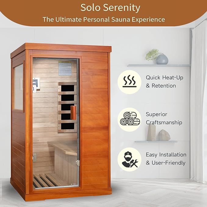 Sauna, 1 Person Infrared Sauna Home Spa Wood 800W Low-EMF Indoor Dry Saunas 5 Ultra-Low Energy Saving Heating Panels, Built-in Control Panel, Speakers, Reading Lights and Circulation Vents