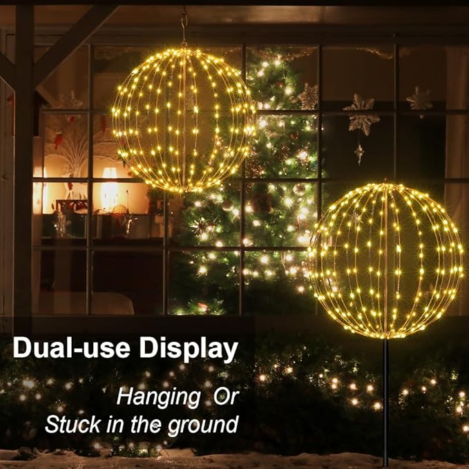 LIGHTSHARE 20IN 200LED Light Ball Yard Decoration Pathway Lights Sphere Light Fold Flat Metal Frame Indoor Outdoor Waterproof Garden Lights, Brown Frame / Warm White Lights