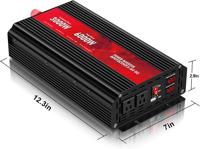 3000W Power Inverter,12V DC to AC 110V120V Peak Power 6000W with 2AC Outlets and 2.4USB Port,LCD Display Car Inverter for Outdoor Activities,Emergency