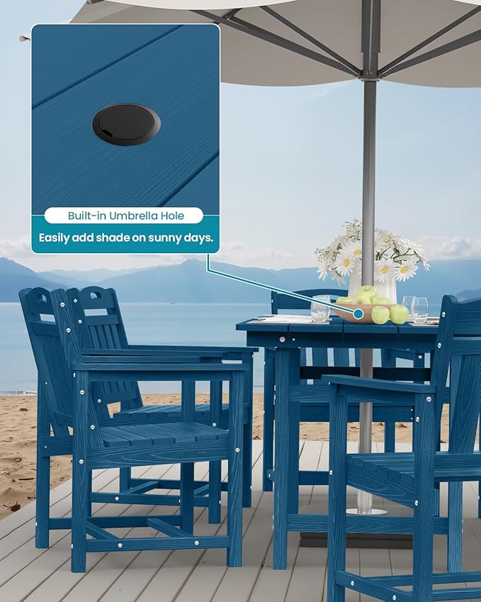 Ciokea HDPE Outdoor Dining Set 5-Piece Patio Table and Chairs with Umbrella Hole, All-Weather Patio Dining Set for 4, Durable Patio Furniture Set for Backyard, Garden, Lawn & Poolside, Navy Blue