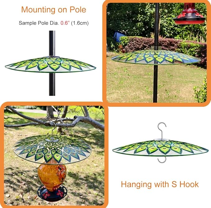 13" Glass Rain Cover for Bird Feeder Outdoors - Pack of 2PC X Baffle on Shepherd Pole/Post or S Hook Hanging - Large Weather Guard Protective Dome - Dia. 33CM - Peacock Feather