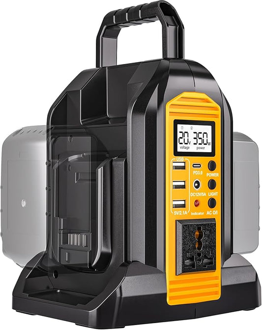 350W Power Inverter for Dewalt 20V 60V Li-ion Battery, 20V to 110V Pure Sine Wave Inverter with LED Light, Power Station Car Adapter Compact&Lightweight for Cars, RVs, Camping, Outdoor Use(Tool Only)