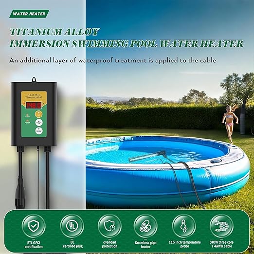 3500W 240V Titanium Fully Submersible Portable Electric Immersion Large Pool Water Heater Waterproof Hot Tub Heater with LCD Thermostat & GFCI Plug, for Swimming Pool, Bathtub, Baptistry, Bucket (GY)
