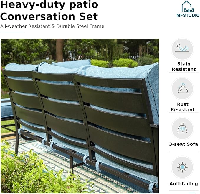 MFSTUDIO 4 Pieces Patio Conversation Set, 5 Seats Metal Patio Furniture Sets with 1 x 3-Seat Sofa, 2 Single Chairs,1 Coffee Table, All Weather Steel Patio Sets with 5.75inch Navy Cushion for Garden