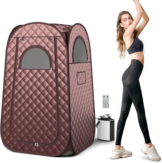 Giantex Portable Sauna, Full Body Steam Sauna w/ 3L Steam Box, Remote Control, Wood Foot Roller & Foldable Chair, Pop-Up Sauna Box for Single Person, Lightweight Personal Sauna Tent for Home (Coffee)