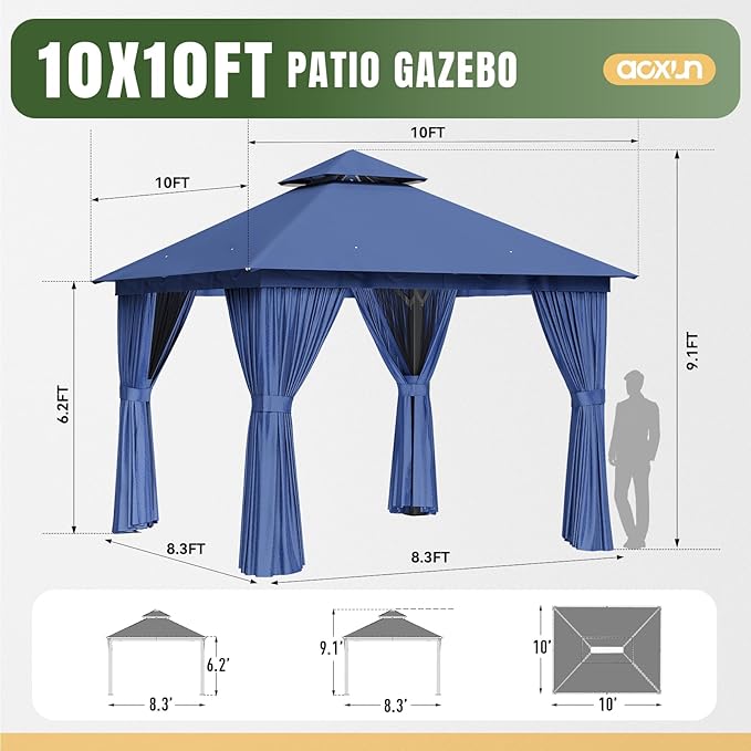 AOXUN Outdoor Gazebo for Patio 10x10, Metal Frame Canopy with Double Roofs, Heavy Duty Party Tent and Shelter with Mosquito Netting and Privacy Screen for Backyard, Lawn, Garden, Deck (Navy)
