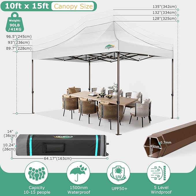 COBIZI 10x15 Pop Up Heavy Duty Canopy with 4 Sidewalls and Hexagonal Legs, Easy up Tent for Parties, Commercial and Wedding, Outdoor Canopy with Roller Bag, Sand Bags, Waterproof & UPF50+ (White)