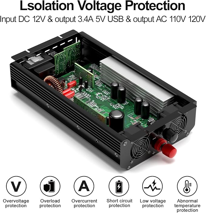 3000W Power Inverter,12V DC to AC 110V120V Peak Power 6000W with 2AC Outlets and 2.4USB Port,LCD Display Car Inverter for Outdoor Activities,Emergency