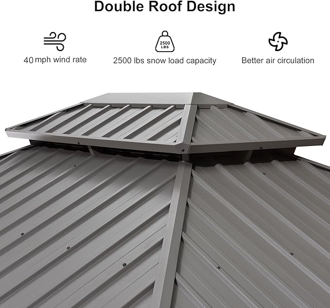 PURPLE LEAF 10' X 14' Outdoor Hardtop Gazebo with Galvanized Steel Double Roof Aluminum Frames Heavy Duty Pavilion Gazebo for Patio Deck Garden,Netting and Curtains Included, Light Grey