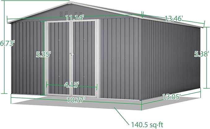 Metal Storage Shed 11x13 FT Outdoor, Metal Steel Utility Tool Shed Storage House with Double Lockable Doors & Air Vent for Backyard Garden Patio Lawn Gray