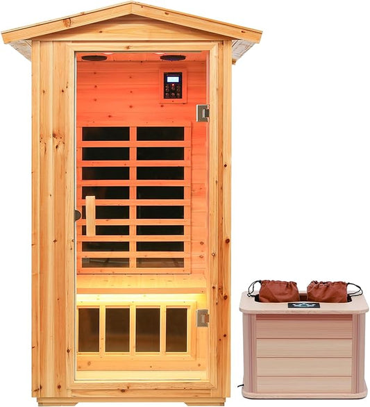 Old Fir Wood Low EMF Far Infrared Outdoor Sauna(1560W) + Infrared Foot Spa Bucket(175W), Home Sauna with LCD Control Panel, Chromotherapy Light, Reading Light, Bluetooth Speaker