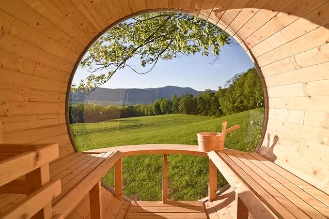 Customize Wood Burning Sauna 4-8 Person, Outdoor Canadian Red Cedar Barrel Sauna with Porch, Glass Window Option, Scenic Porch, Wood Stove, Luxurious Texture