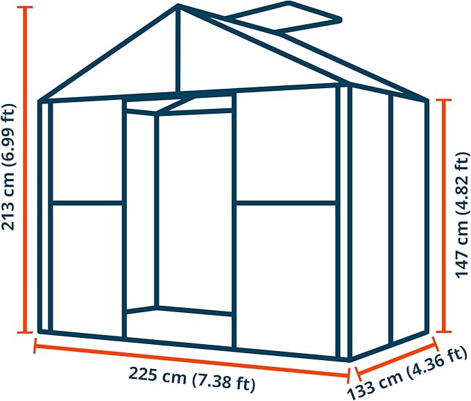 Greenhouse Topas 2 Aluminum Frame 7.4 x 4.4 ft Approx. 6 mm Polycarbonate Panels - with Bonus Base Frame and Automatic Vent Opener
