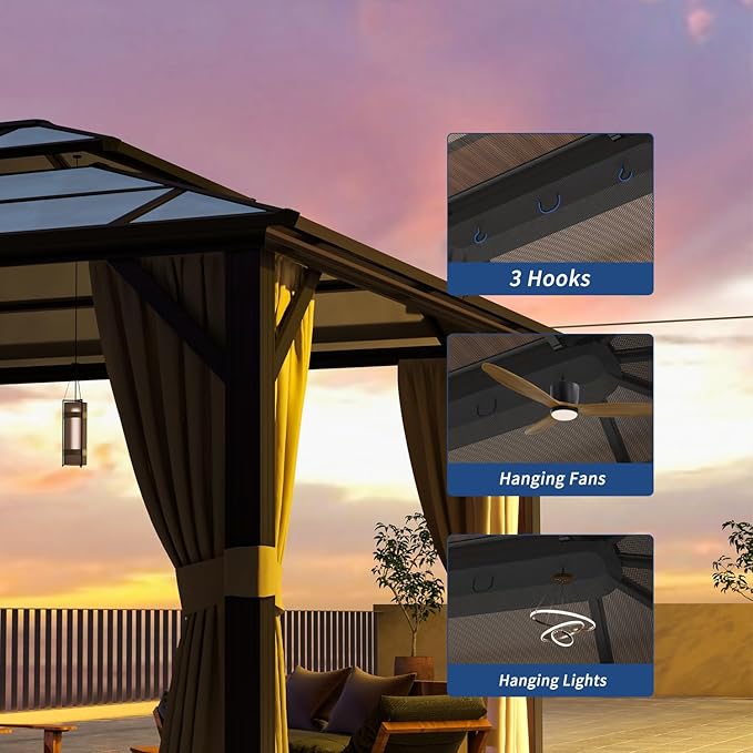 12'x16' Hardtop Gazebo, Outdoor Polycarbonate Double Roof Canopy, Aluminum Frame Permanent Pavilion with Curtains and Netting, Sunshade for Garden, Patio, Lawns