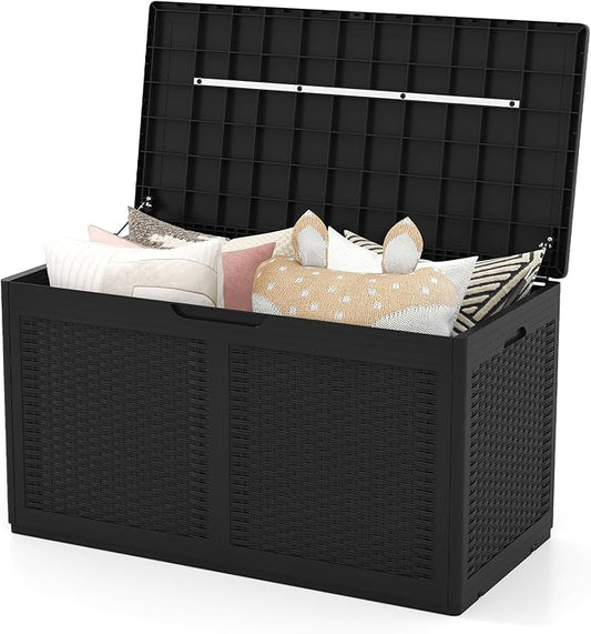 HAPPYGRILL 100 Gallon Resin Deck Box Outdoor Waterproof Storage with Lockable Lid, Rattan Texture Storage Container with Wheels for Pool Accessories, Garden Tool, Patio Furniture Cushion (Black)