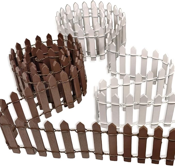 Miniature Fairy Garden Fence,2 Pcs DIY Brown and White Fence with Gate,Fairy Garden Accessories Miniature Ornaments for Dollhouse Home Plant Pot