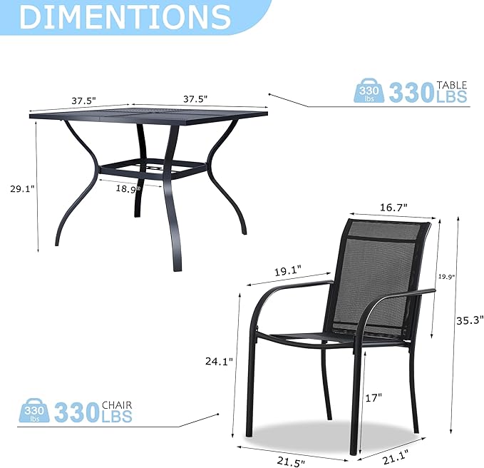 5 Pieces Sqaure Dining Table Set for 4, Patio Dining Set Includes 4 Black Stackable Patio Chairs and 1 Black Mesh Square Table, Patio Furniture Sets with Sling Support for Outside, Garden