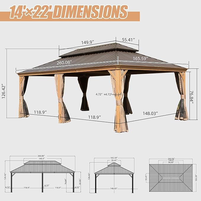 Domi 14' X 22' Hardtop Gazebo Outdoor Metal Gazebo Canopy with Galvanized Steel Double Roof, Wood Grain Aluminum Frame, Curtains and Netting for Patio, Deck, Garden
