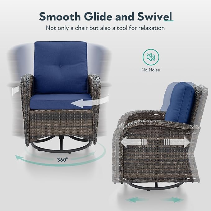 5 Piece Patio Furniture Set - Wicker Patio Conversation Set with Swivel Glider, 3 Seat Sofa, Tempered Glass Side Table and Coffee Table for Deck Backyard - Brown Wicker Blue Cushion