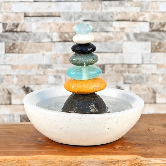 Natural Septuple Rock Cairn Water Fountain with Glass - Indoor Tabletop Water Fountain - Natural Stone & Recycled Glass Water Feature for Home and Office Decor