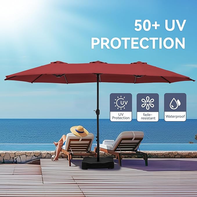 GREEN PARTY 15 ft Rectangle Patio Umbrella with Base Included, Double-Sided Table Umbrella with Crank, Large Outdoor Umbrellas for Patio Poolside Garden Backyard, Burgundy Red