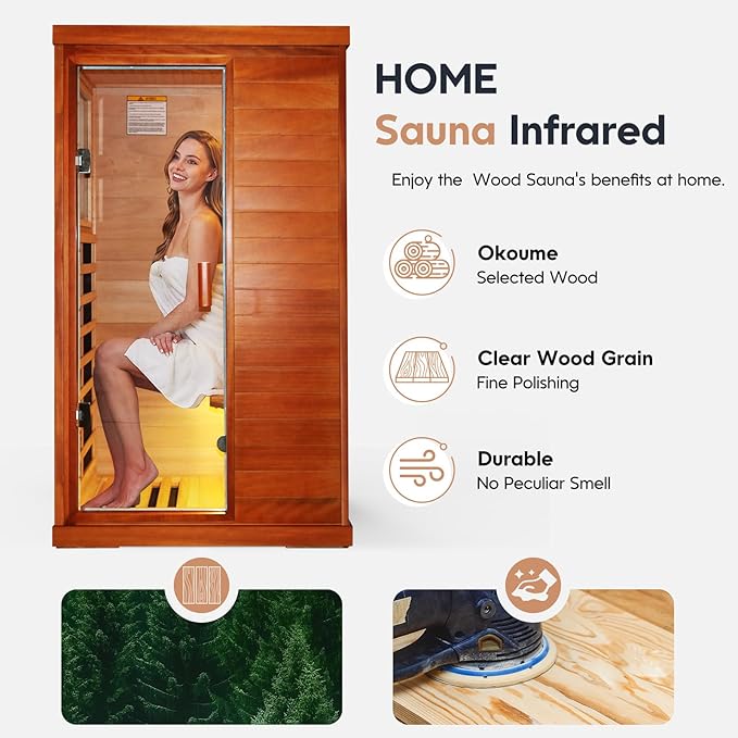 One Person Sauna Far Infrared Finland Spruce Wood Saunas Room Home Wood Spa Dry Saunas Single Person Spa Beauty of Natural Wood 67.3x37.4x29.5inch