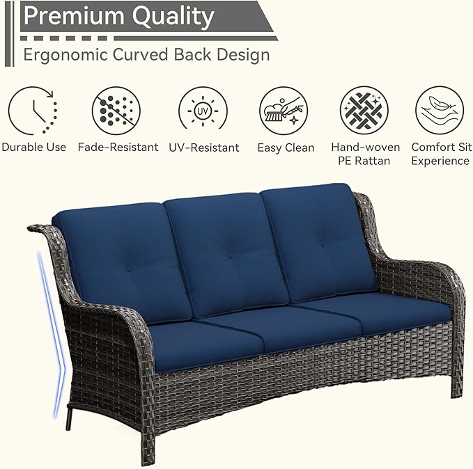 Wicker Patio Furniture Set 6 Piece, Outdoor Furniture Patio Conversation Set Includes 1 Three-Seat Sofa, 2 Swivel Rocker Chairs, 2 Ottomans and 1 Side Table,Blue