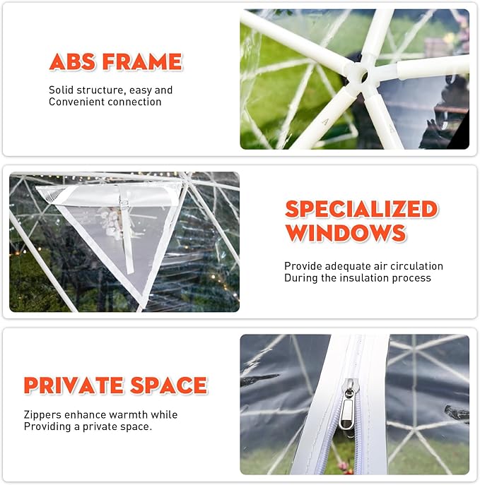 12FT Garden Dome Tent, Geodesic Dome Greenhouse with PVC Clear Cover, Waterproof Garden Bubble Dome Tent House with 2 x 10M Light Strings for Outdoor, Patio, Backyard, Party (White Edge, 12.5FT/3.8M)
