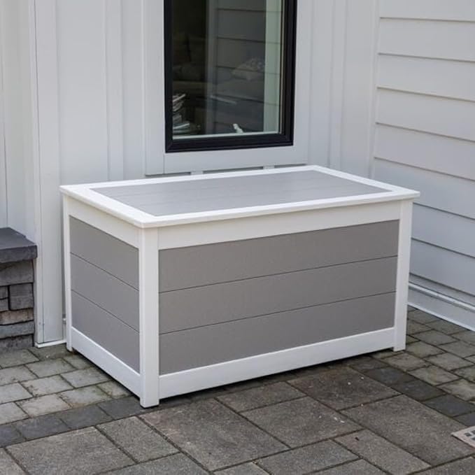 DutchCrafters Poly Waterproof Outdoor Deck Box 200-Gallon Large Deck Box Weatherproof Storage for Pool Decor, Porch Packages, Pool Towel Holder, Holds Up To 10 Cushions (Weatherwood & White)