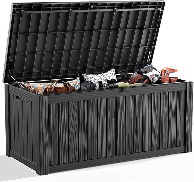 ROJIK 120 Gallon Outdoor Storage Box Waterproof - Patio Furniture Outside Deck Box, Garden Tools, Cushions, Pool Accessories Storage Bench with Lockable Lid and Side Handles (Black, 120 Gal)