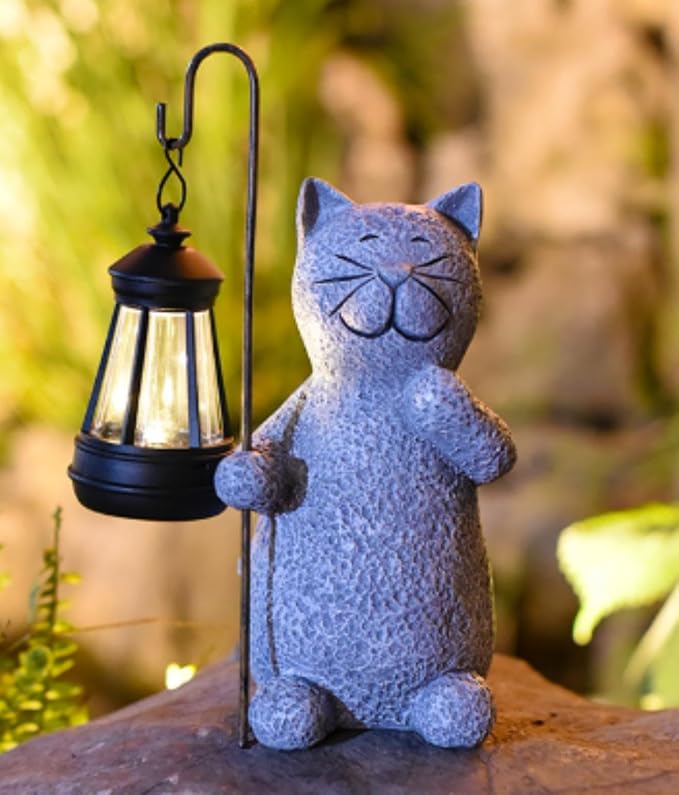 Solar Cat Garden Statues with LED Lights, Outdoor Decor for Patio Yard Balcony - Unique Housewarming Birthday Gifts for Women Mom Grandma