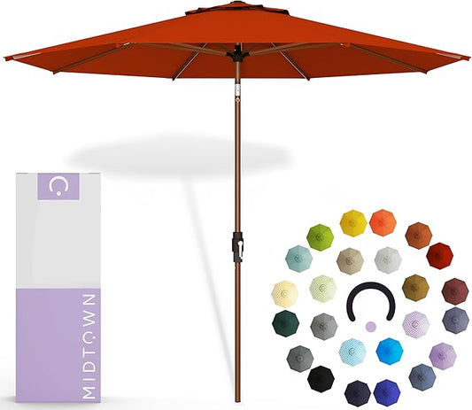 Midtown Umbrellas The Wooden 2-10 Feet Large Patio Umbrella, Terylast Apple Red Polyester Fabric - Auto-Tilt Aluminum Frame For Backyard Umbrella, Deck Umbrella, Garden Umbrella & Pool - Wooden Pole