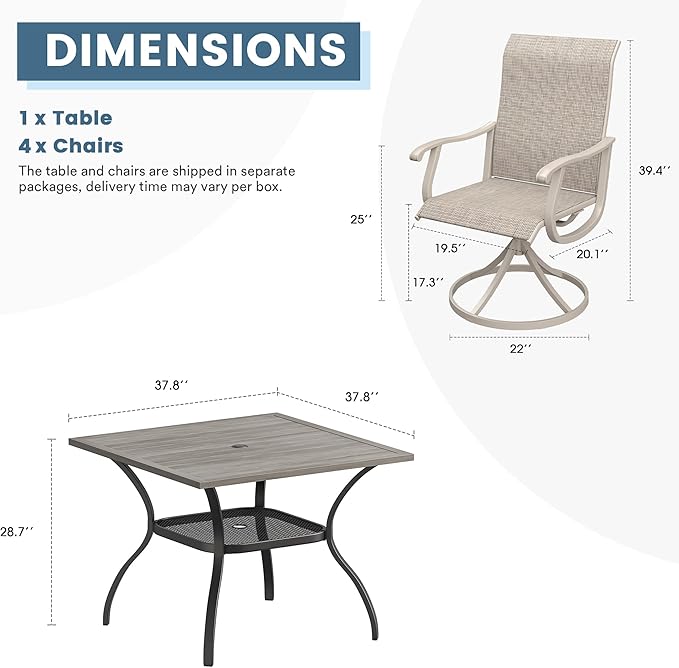DIFY 5 Pieces Outdoor Patio Dining Set for 4, 37.8" Grey Wood-Like Metal Square Dining Table and 4 Sandshell Textilene Patio Swivel Chairs, Outdoor Table and Chairs