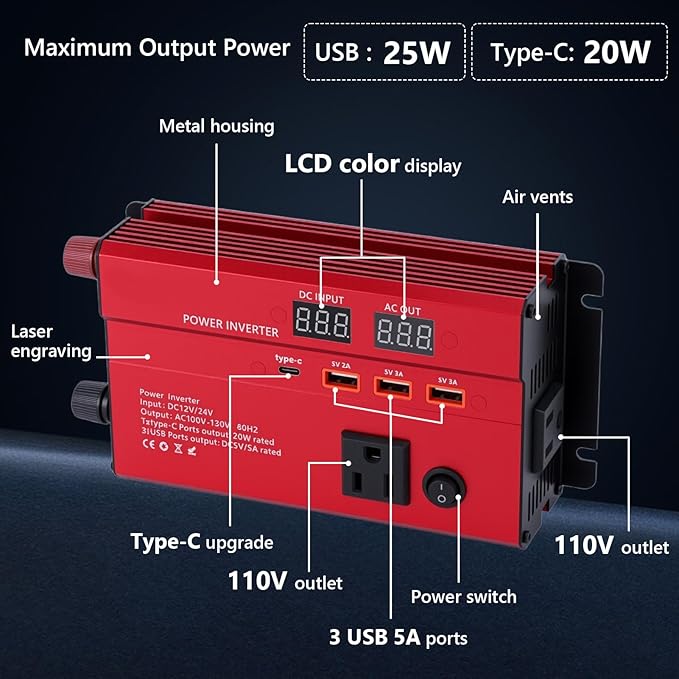 600W Car Power Inverter, 12V/24V Car Plug Adapter Outlet Converter with 1 Type C Port, 3 USB Ports, Dual AC Outlets for Cars Trucks US Plug (Red)