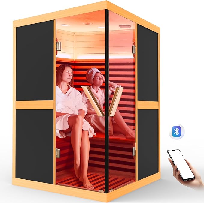 2 Person Sauna Infrared Saunas APP Control 7 Color Light 1980W Wooden Home Spa Room Canadian Hemlock Wood Low-EMF Indoor Saunas 47.2 * 47.2 * 75.6inch