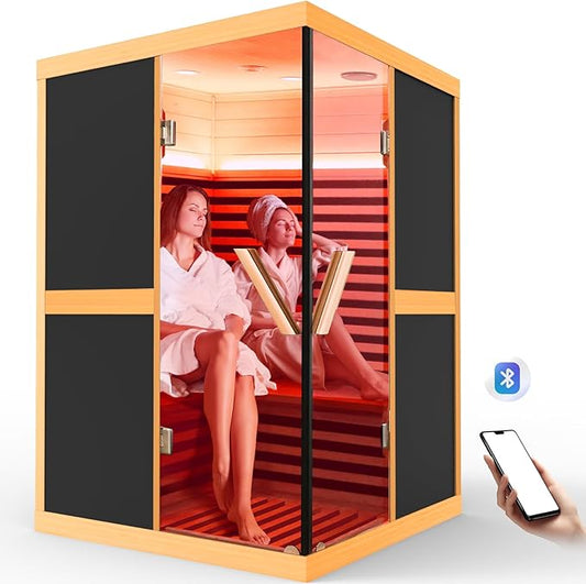 2 Person Sauna Infrared Saunas APP Control 7 Color Light 1980W Wooden Home Spa Room Canadian Hemlock Wood Low-EMF Indoor Saunas 47.2 * 47.2 * 75.6inch