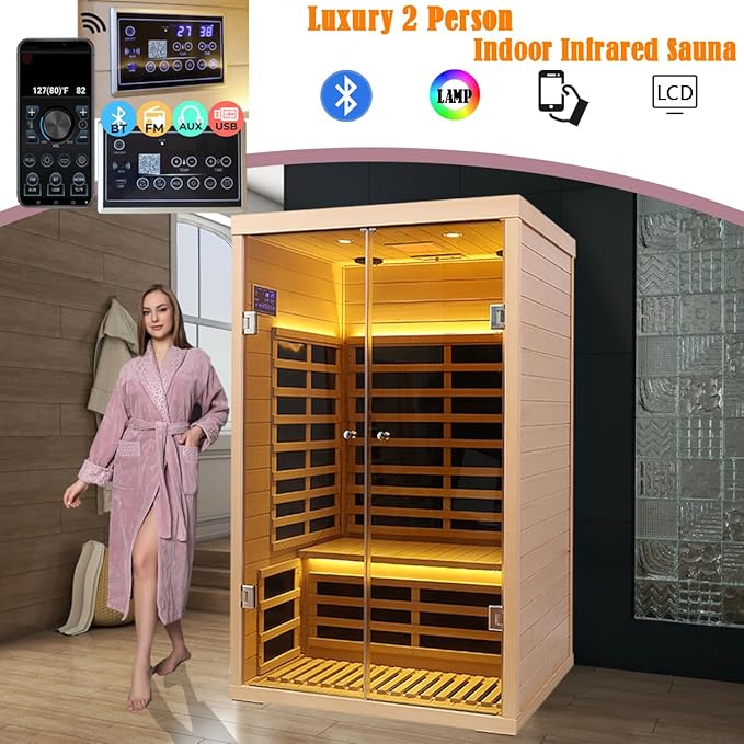 Hemlock 2 Person Infrared Sauna for Home, 1820W/120V, Ultra-Low EMF (0-5mG) Full Spectrum Far Infrared Sauna with APP Control, Bluetooth Speaker & Chromotherapy Light, Indoor Home Saunas Room