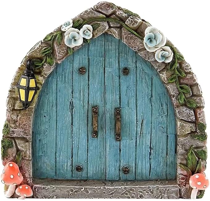 Blue Mini Fairy Garden Door for Tree, 3D Miniature Fairy Door for Fairytale Tiny House Doors, Bonsai Terrarium Micro Landscape Decoration Accessories Garden Miniatures