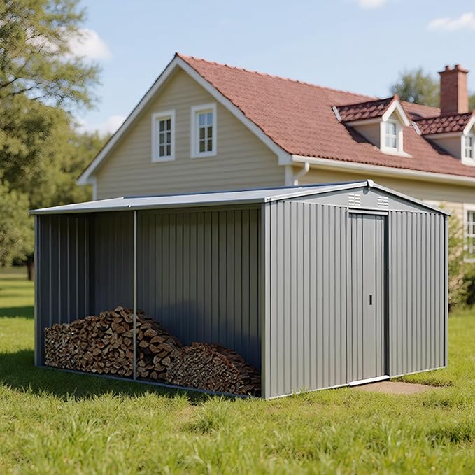 13ft x 11ft Dual Purpose Outdoor Shed: All-in-One Metal Tool Storage & Firewood Rack | Winter-Ready Design | Grey Galvanized Steel